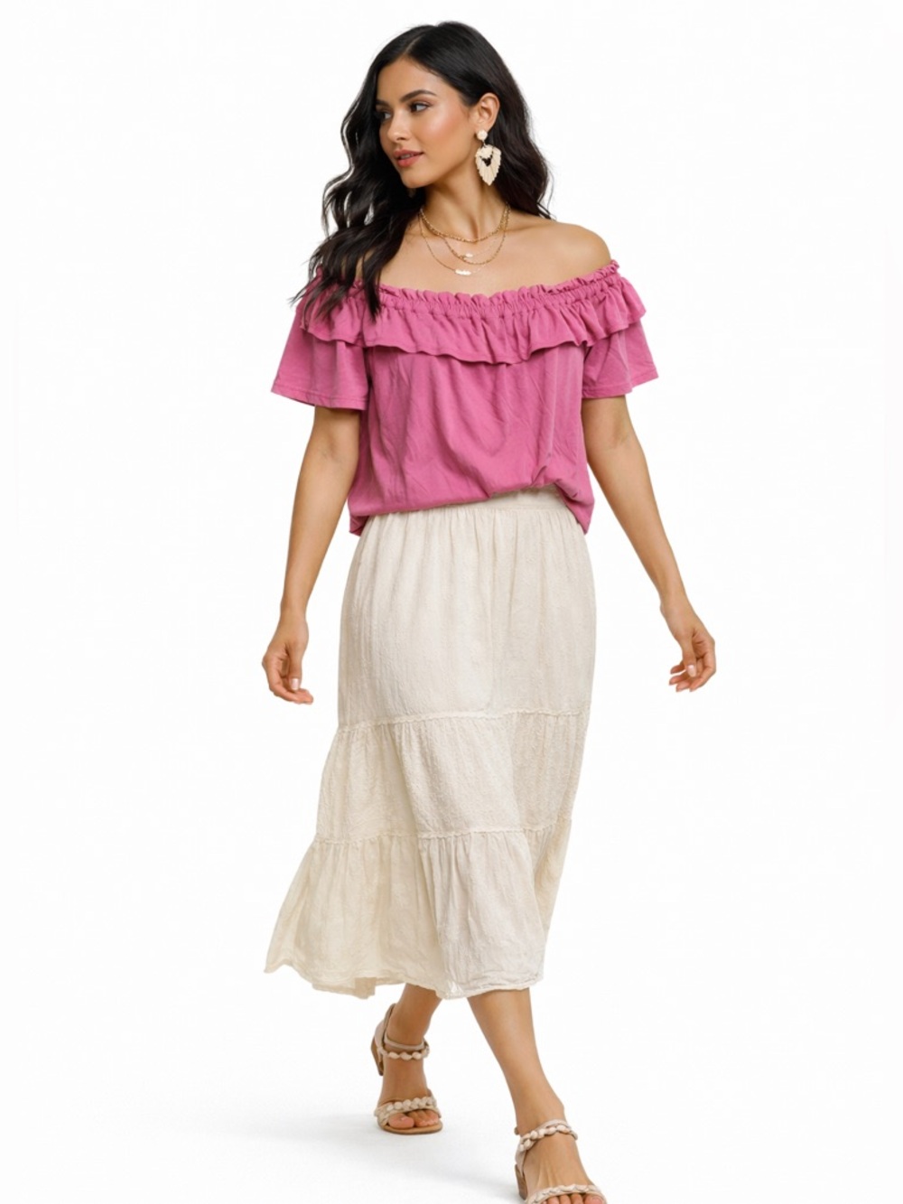 Harlowe & Graham Pink Off the Shoulder Ruffle Flounce Top Medium Boho Casual